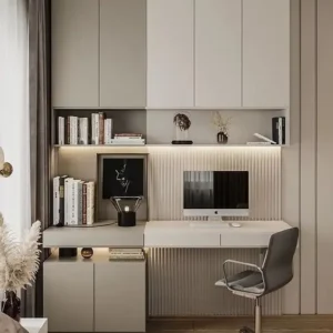 Bàn học gỗ công nghiệp hiện đại có giá sách LG-BHS153